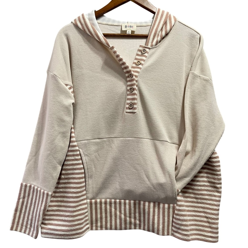 BIBI Hoodie Women S Beige Striped Waffle Knit Henley Pullover Boho Oversized